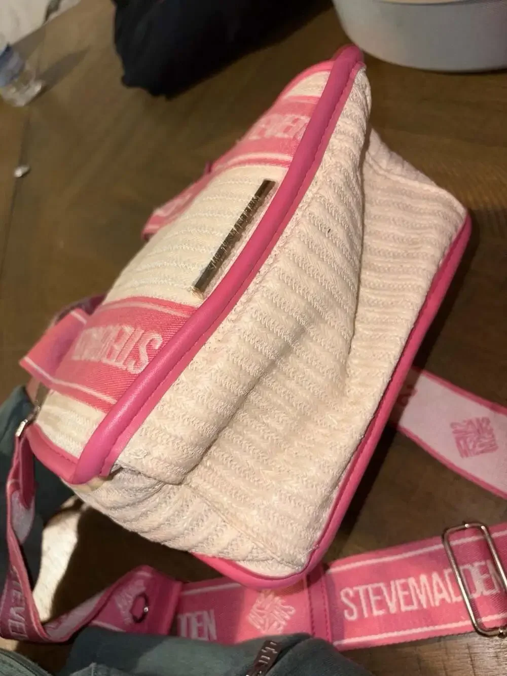 Steve Madden Bwebber Woven Straw Crossbody Bag in Pink and White